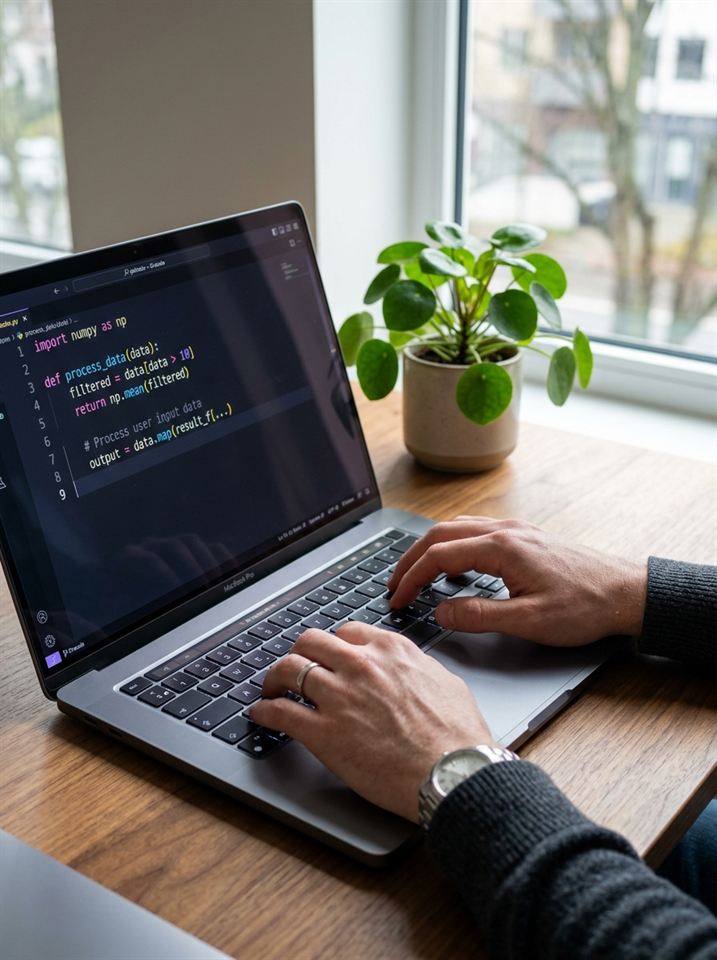 Software developer coding responsive website on laptop